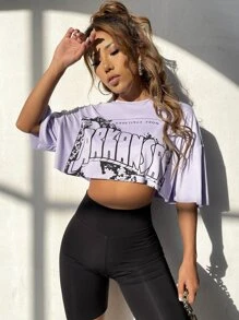 SHEIN Unity 字母圖案落肩袖短款T恤 - 紫丁香色 - 查看 6