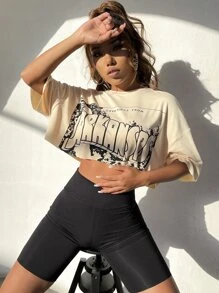 SHEIN Unity Letter Graphic Raw Hem Tee - Beige - View 6