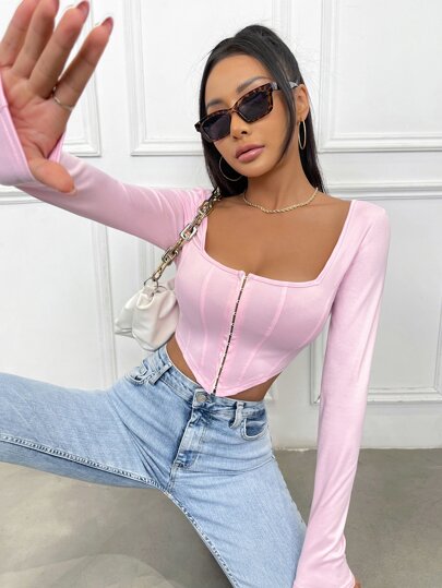 Top court asymétrique avec ourlet à crochet et œillet pour femmes, vêtement d'automne