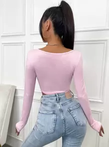 SHEIN Unity Hook And Eye Asymmetrical Hem Crop Tee Fall Cloth For Women - Baby Pink - View 2