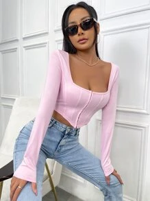 SHEIN Unity Hook And Eye Asymmetrical Hem Crop Tee Fall Cloth For Women - Baby Pink - View 3