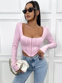 SHEIN Unity Hook And Eye Asymmetrical Hem Crop Tee Fall Cloth For Women - Baby Pink - View 4