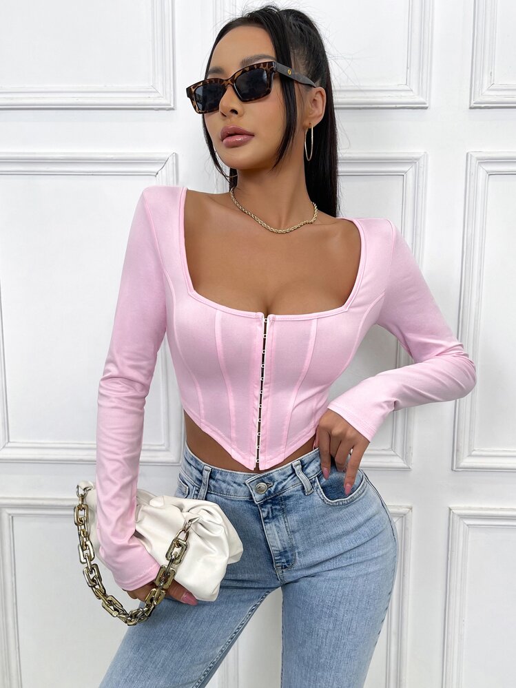 SHEIN Unity Hook And Eye Asymmetrical Hem Crop Tee Fall Cloth For Women - Baby Pink - View 4