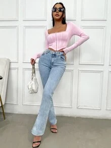 SHEIN Unity Hook And Eye Asymmetrical Hem Crop Tee Fall Cloth For Women - Baby Pink - View 5