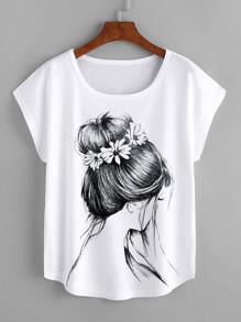 SHEIN LUNE Figure Graphic Batwing Sleeve Tee - White - View 1