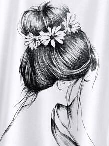 SHEIN LUNE Figure Graphic Batwing Sleeve Tee - White - View 3