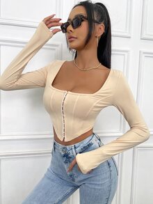 SHEIN SXY 鉤眼扣不對稱下擺短款T恤 - 杏色 - 查看 5