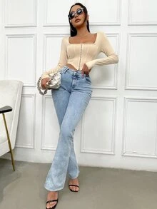 SHEIN SXY 鉤眼扣不對稱下擺短款T恤 - 杏色 - 查看 6