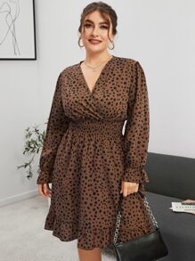 Vionelle 大碼斑點印花腰部打褶荷葉袖荷葉邊洋裝