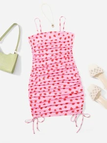 SHEIN Qutie 大碼草莓圖案抽繩褶邊吊帶連衣裙 - 彩色 - 查看 1