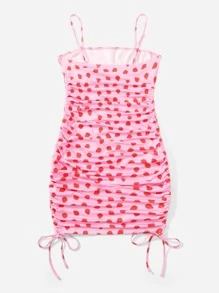 SHEIN Qutie 大碼草莓圖案抽繩褶邊吊帶連衣裙 - 彩色 - 查看 2