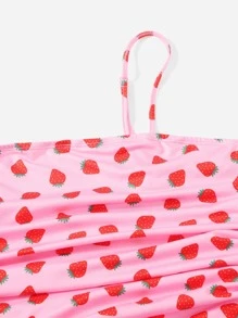 SHEIN Qutie 大碼草莓圖案抽繩褶邊吊帶連衣裙 - 彩色 - 查看 4