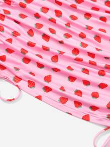 SHEIN Qutie 大碼草莓圖案抽繩褶邊吊帶連衣裙 - 彩色 - 查看 5