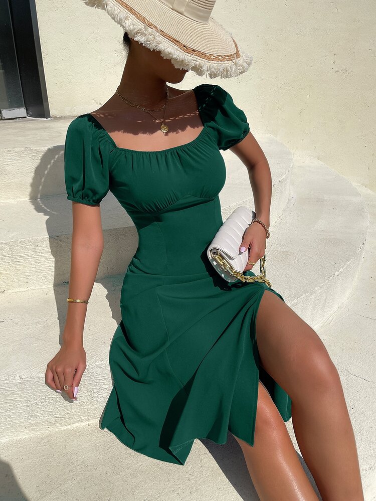 SHEIN Unity Puff Sleeve Square Neck Split Thigh Dress - Dark Green - View 2