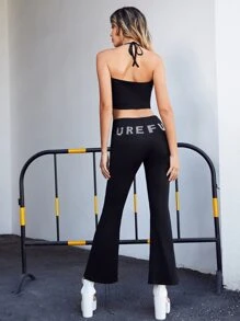 SHEIN Criss Cross Lace Up Crop Cami Top & Split Hem Flare Leg Trousers Set - Black - View 1