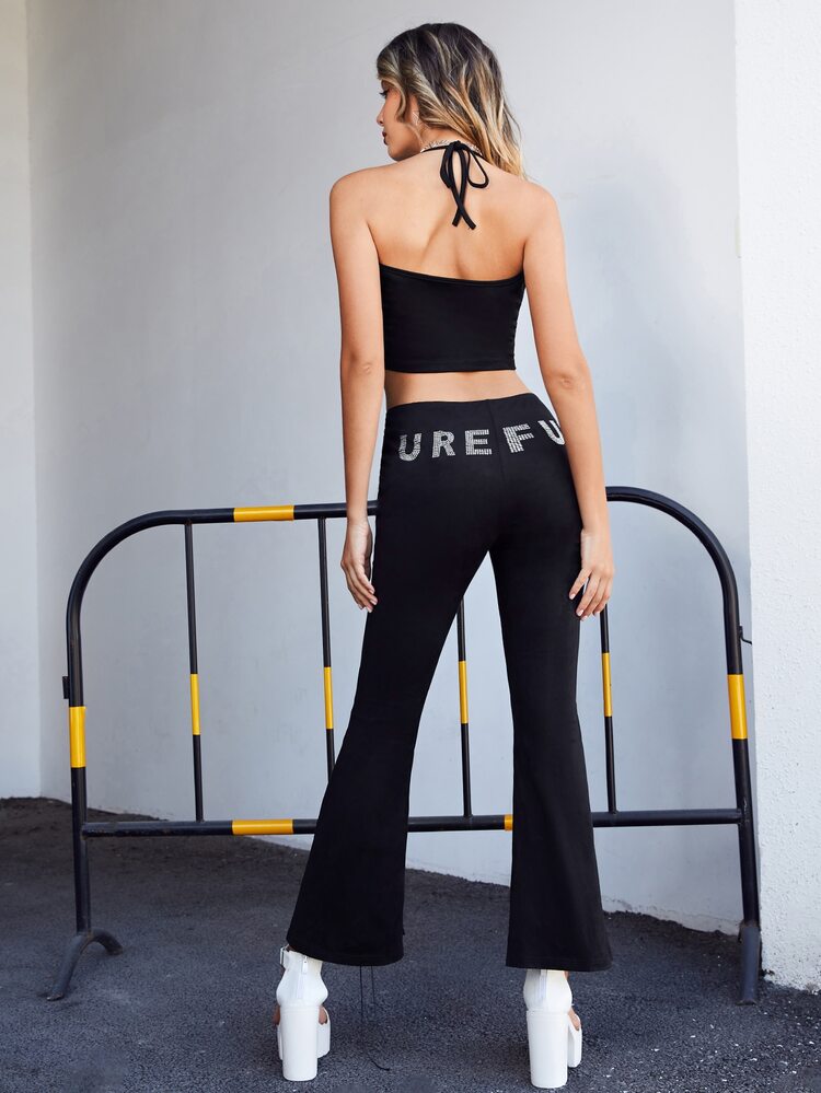 SHEIN Criss Cross Lace Up Crop Cami Top & Split Hem Flare Leg Pants Set - Black - View 1