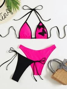3 件裝蝴蝶刺繡掛脖比基尼和比基尼泳褲 - 彩色 - 查看 7