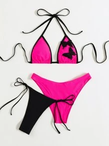 3 件裝蝴蝶刺繡掛脖比基尼和比基尼泳褲 - 彩色 - 查看 1
