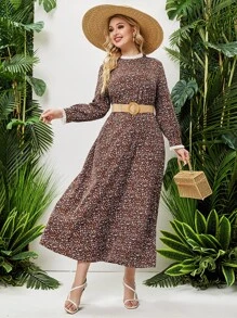 大碼小碎花百褶邊連衣裙不附腰帶 - 巧克力棕 - 查看 1