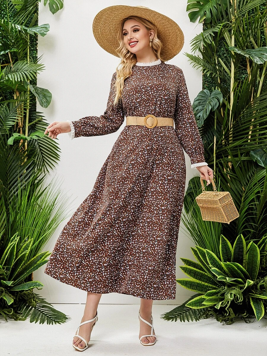 大碼小碎花百褶邊連衣裙不附腰帶 - 巧克力棕 - 查看 1