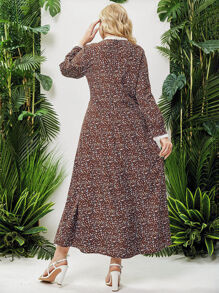 大碼小碎花百褶邊連衣裙不附腰帶 - 巧克力棕 - 查看 2