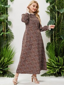 大碼小碎花百褶邊連衣裙不附腰帶 - 巧克力棕 - 查看 3