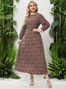 大碼小碎花百褶邊連衣裙不附腰帶 - 巧克力棕 - 查看 4