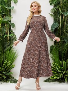 大碼小碎花百褶邊連衣裙不附腰帶 - 巧克力棕 - 查看 5