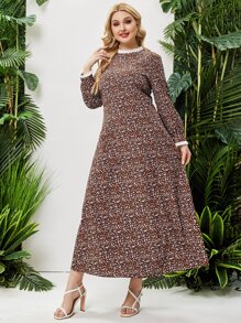 大碼小碎花百褶邊連衣裙不附腰帶 - 巧克力棕 - 查看 6