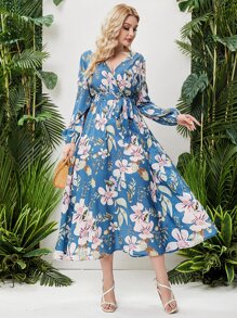 Đầm Plus Size Thắt lưng Trọn gói Hoa Tất cả trên in Boho - Màu xanh bụi bặm - Xem 1