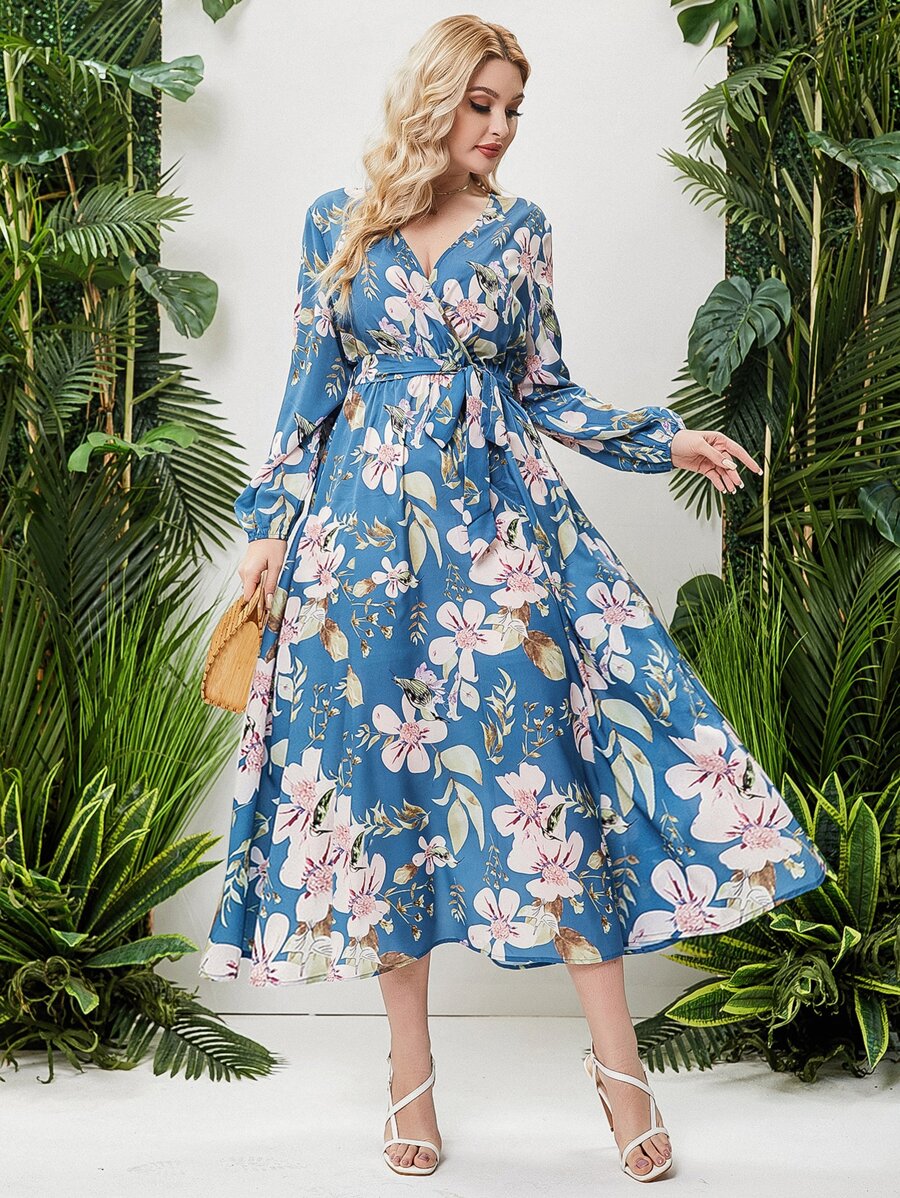 Đầm Plus Size Thắt lưng Trọn gói Hoa Tất cả trên in Boho - Màu xanh bụi bặm - Xem 1