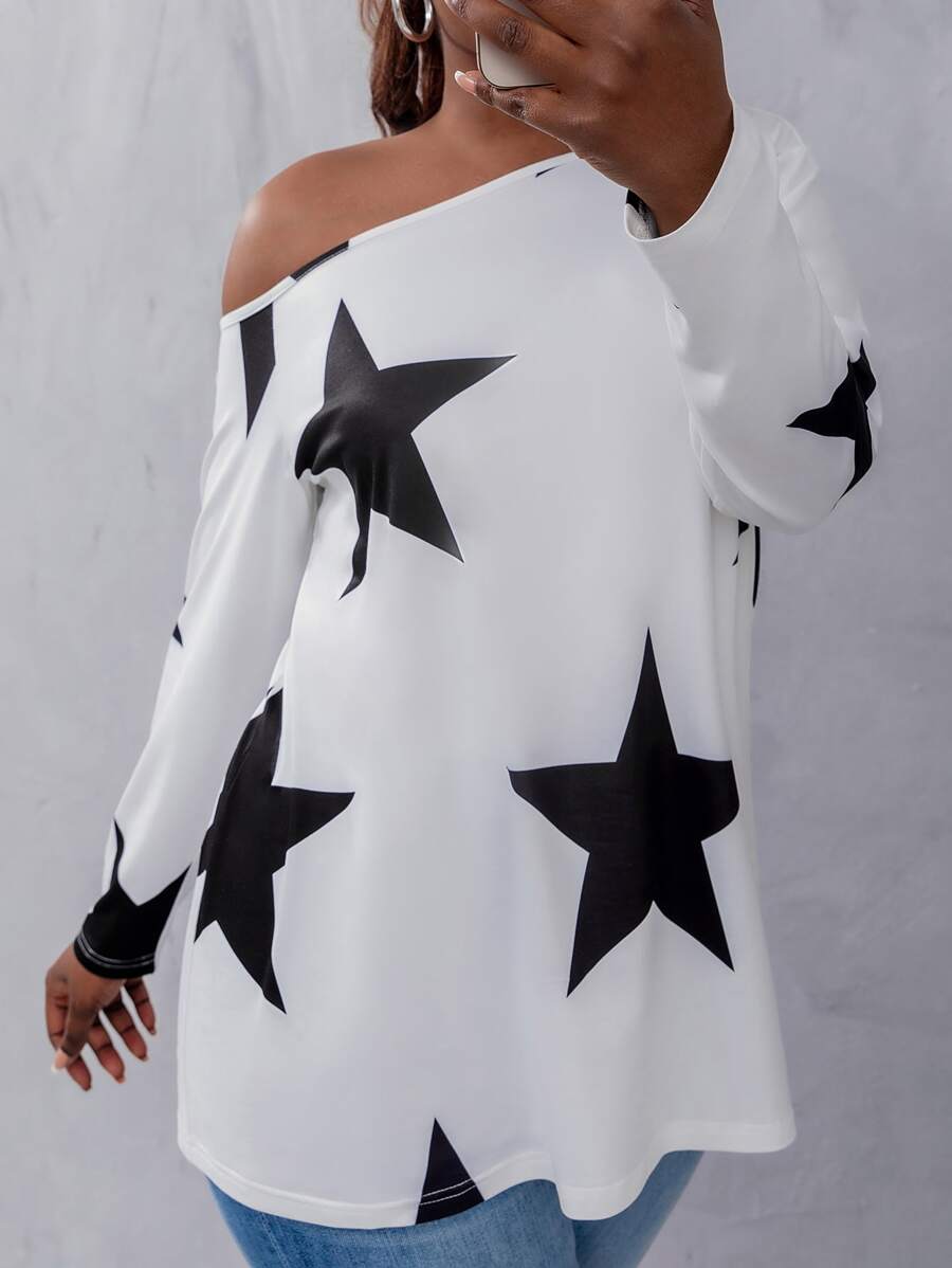 SHEIN LUNE Plus Star Print Asymmetrical Neck Tee - White - View 1