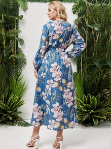 Đầm Plus Size Thắt lưng Trọn gói Hoa Tất cả trên in Boho - Màu xanh bụi bặm - Xem 2