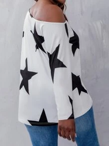 SHEIN LUNE Camiseta con estampado de estrella de cuello asimétrico - Blanco - Ver 2