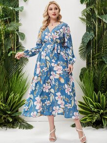 Đầm Plus Size Thắt lưng Trọn gói Hoa Tất cả trên in Boho - Màu xanh bụi bặm - Xem 3