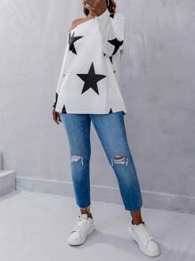SHEIN LUNE Camiseta con estampado de estrella de cuello asimétrico - Blanco - Ver 3