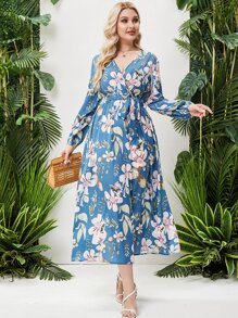 Đầm Plus Size Thắt lưng Trọn gói Hoa Tất cả trên in Boho - Màu xanh bụi bặm - Xem 4
