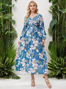 Đầm Plus Size Thắt lưng Trọn gói Hoa Tất cả trên in Boho - Màu xanh bụi bặm - Xem 5