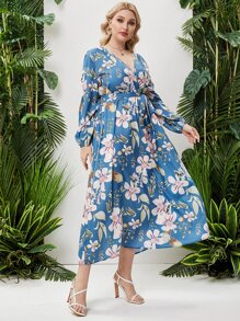 Đầm Plus Size Thắt lưng Trọn gói Hoa Tất cả trên in Boho - Màu xanh bụi bặm - Xem 6