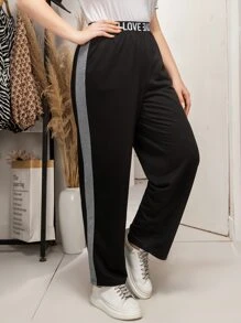 大碼腰部字母條帶拼接側邊接縫長褲 - 黑色 - 查看 1
