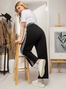 大碼腰部字母條帶拼接側邊接縫長褲 - 黑色 - 查看 2