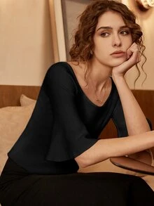 Knit Mix Scoop Neck Half Sleeve Knit Top - Black - View 3