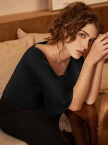 Knit Mix Scoop Neck Half Sleeve Knit Top - Black - View 1