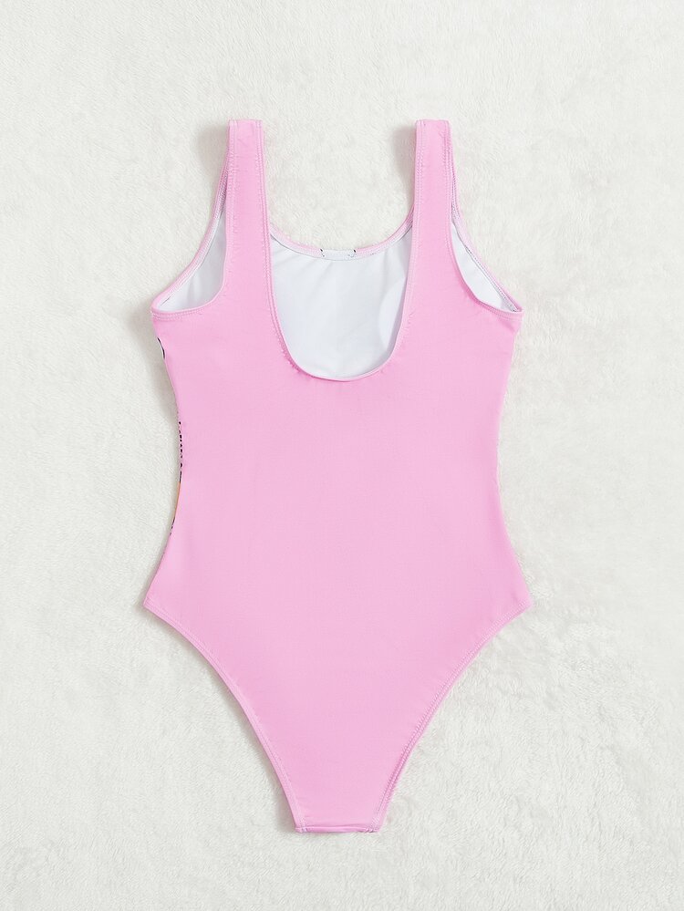Cartoon Graphic One Piece Swimsuit, For Summer Beach Vacation - Multicolor - View 4