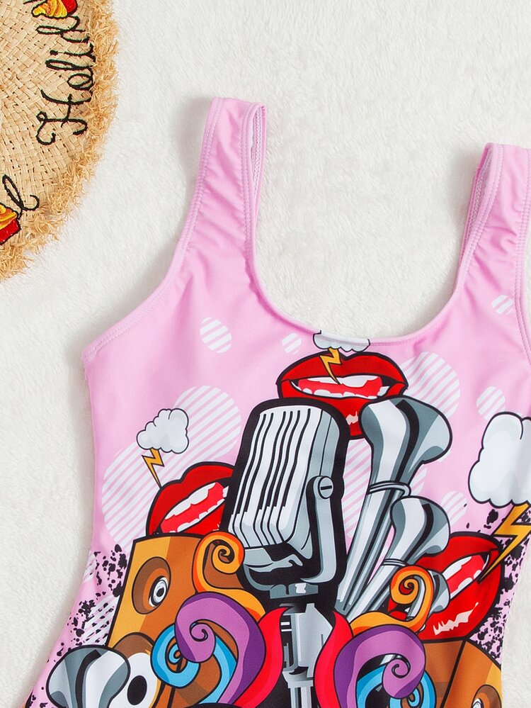 Cartoon Graphic One Piece Swimsuit, For Summer Beach Vacation - Multicolor - View 5