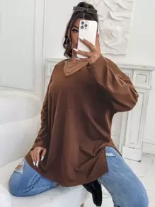 Flirla 大碼補丁貼口袋落肩袖下擺開叉T恤 - 鏽棕色 - 查看 1