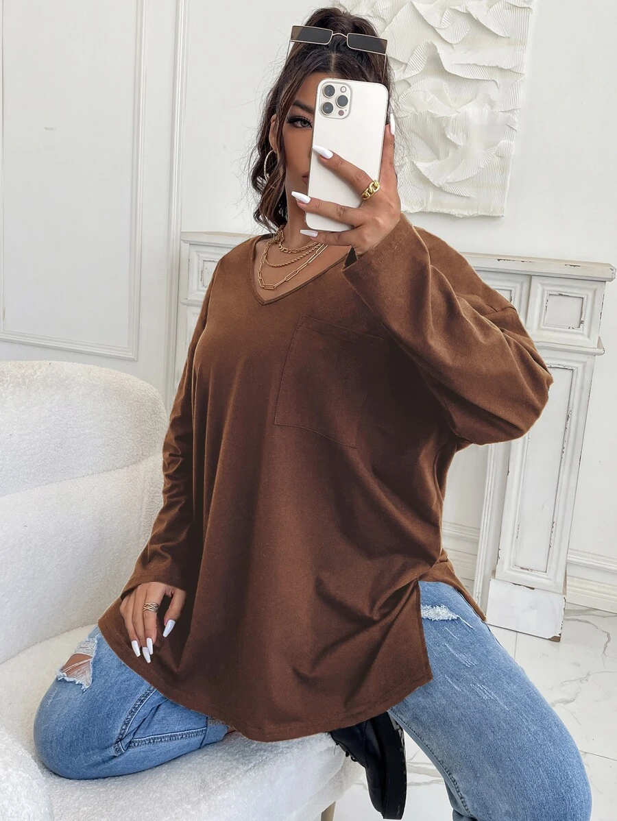 Flirla 大碼補丁貼口袋落肩袖下擺開叉T恤 - 鏽棕色 - 查看 1
