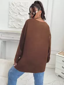 Flirla 大碼補丁貼口袋落肩袖下擺開叉T恤 - 鏽棕色 - 查看 2