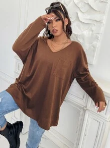 Flirla 大碼補丁貼口袋落肩袖下擺開叉T恤 - 鏽棕色 - 查看 3