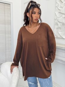 Flirla 大碼補丁貼口袋落肩袖下擺開叉T恤 - 鏽棕色 - 查看 4